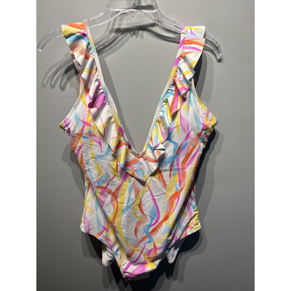 NY&CO White/multicolor Abstract One-Piece Swimsuit Ruffle V-Neck‎ Women's SzL
